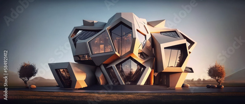 A ultra modern futuristic house. A modern multi-story house, composed trapezoid and octagon shapes. Architecture design. Generative AI.  photo