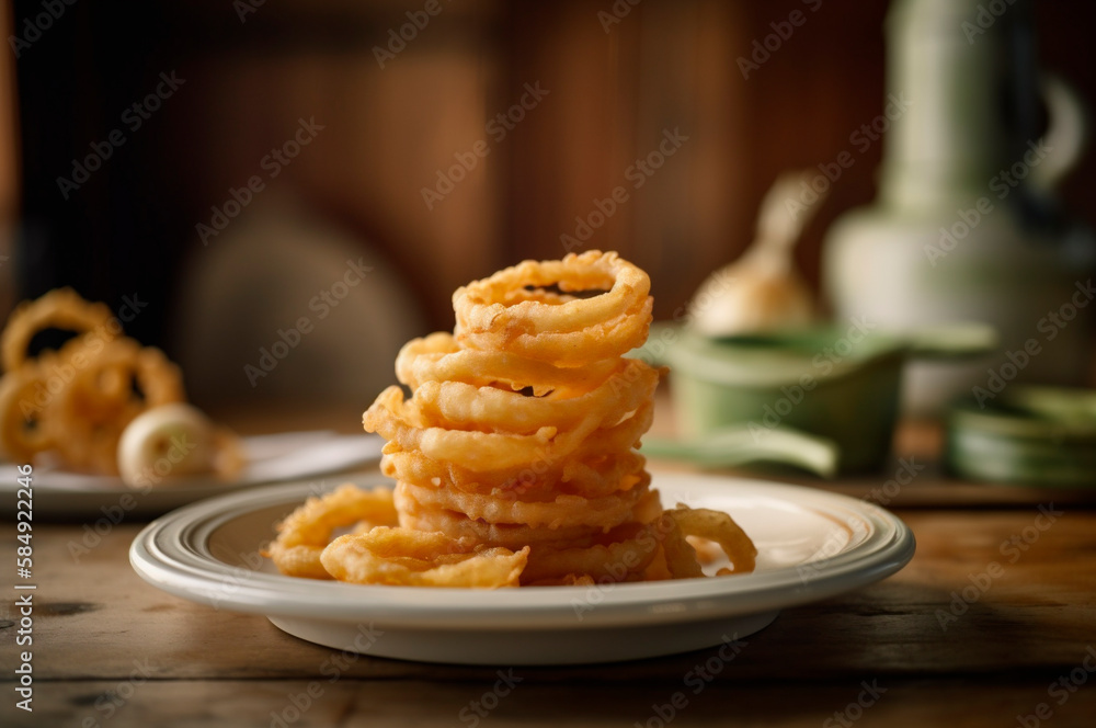 portion of crispy fried onion rings on rustic wooden table. AI generated portion of crispy fried onion rings on rustic wooden table. AI generated
