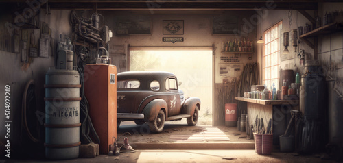 Old garage or shed with a vintage car. An old school garage with a hot rod car base material. warm lighting. Hand edited Generative AI.  photo