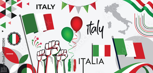 Italia national day banner design collection set. Italian flag theme graphic art background. Abstract celebration decoration icons, red white green color. Italy map ribbon badge fists balloons vector.