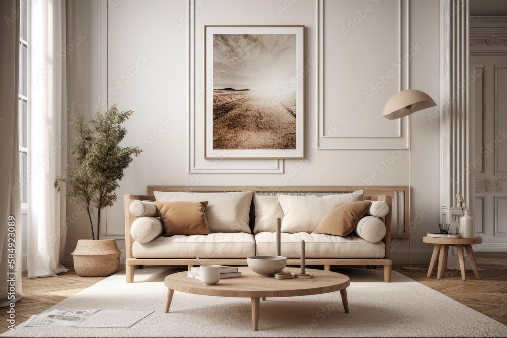 Fototapeta premium Mock up frame in Scandi Boho beige room,. Generative AI
