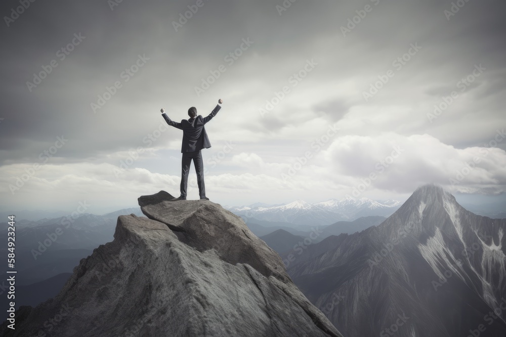 Businessman standing on the mountain representing goal achievement. Generative AI