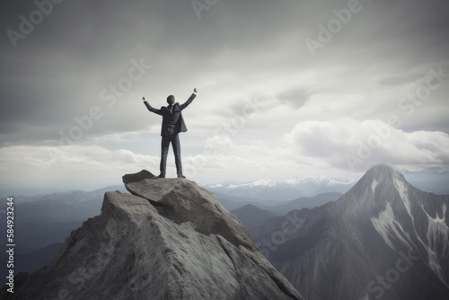 Businessman standing on the mountain representing goal achievement. Generative AI © Nutcha