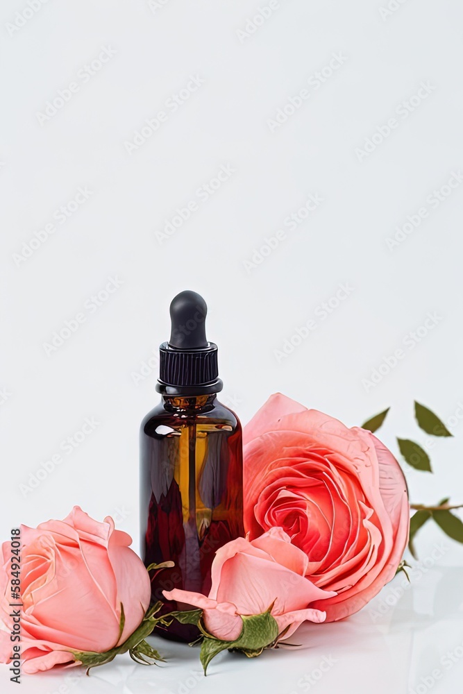 massage oil spa bottle and pink rose on a white background massage oil spa bottle and pink rose on a white background