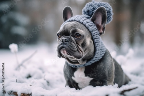 Cute French Bulldog in the snow with knit beanie cap  Generative Ai