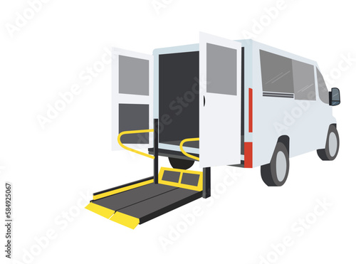 A specialized vehicle with Yellow bar and handrail, Bus Using Access Ramp for people with disabilities and elderly. Wheelchair taxi concept.