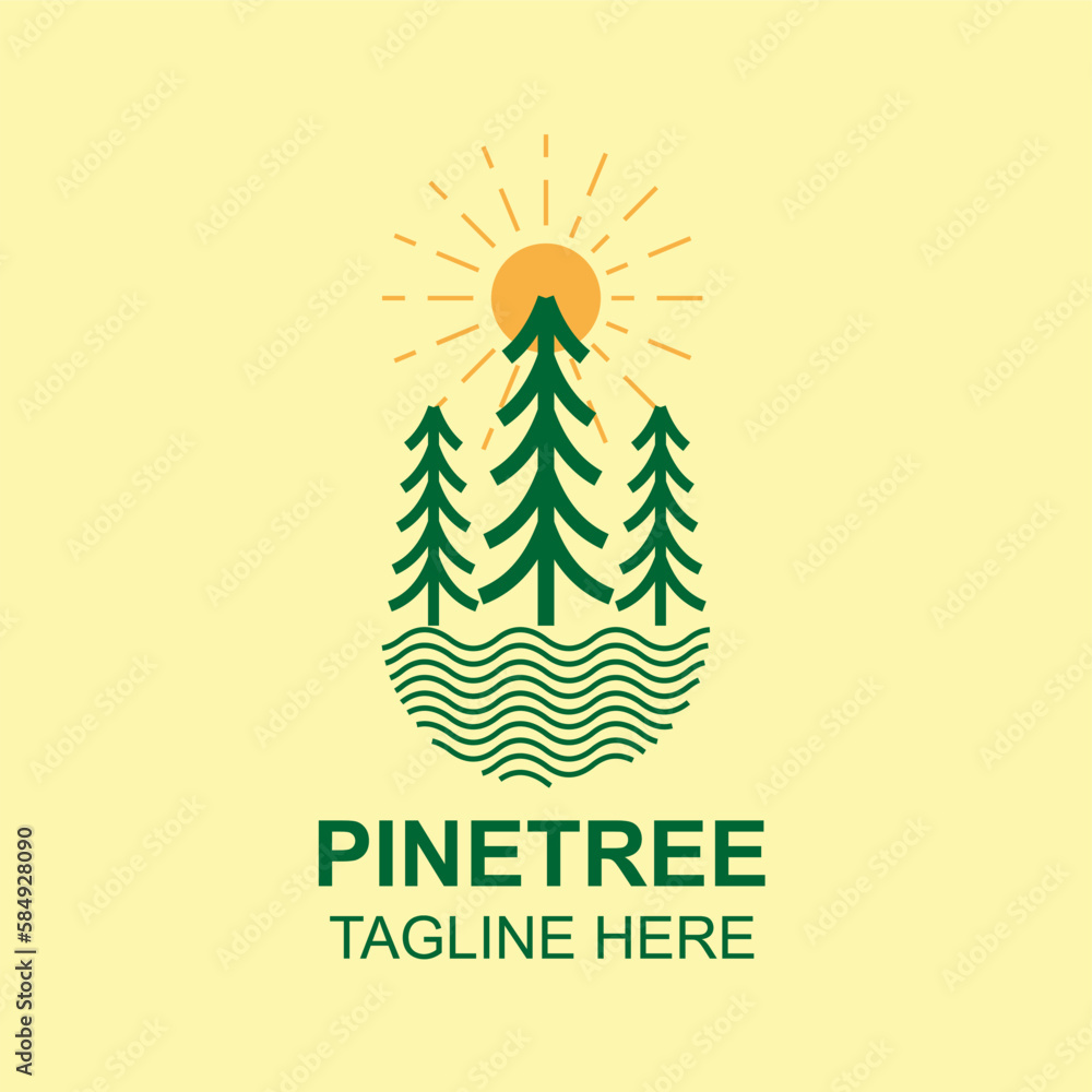 Pine tree line art badge logo icon template vector ilustration design