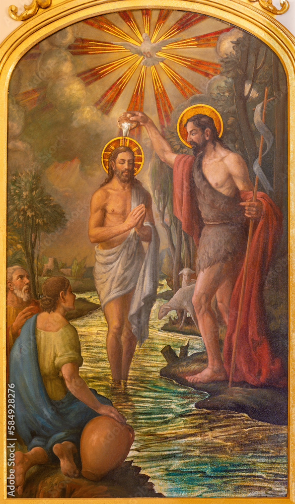 VALENCIA, SPAIN - FEBRUAR 17, 2022: The painting of Baptism of Jesus in the church Iglesia del Santo Angel Custodio by Raffael Cardells from 20. cent.