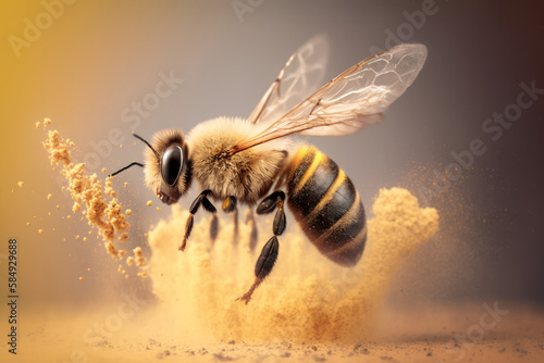 Close up of a bumble bee with yellow flower pollen explosion. Generative ai