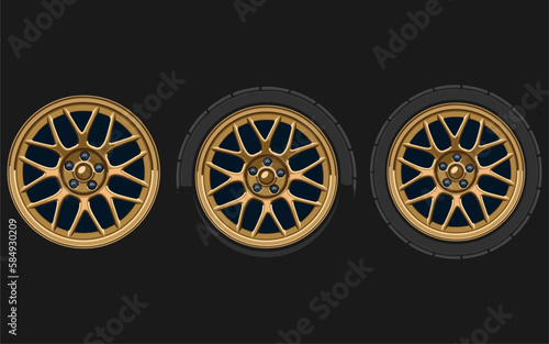 Car wheel and rims. Vector illustration, wheels gold silver black, Car Wheel 3D illustration, Car wheel, set. Realistic design. Vector illustration
