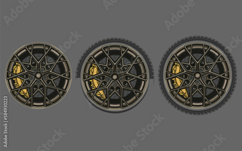 matt black wheels black, Car Wheel 3D illustration, Car wheel, set. Realistic design. Vector illustration