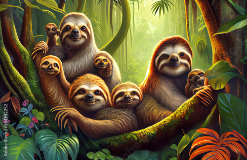 Colorful Jungle with a family of slow loris monkeys  forest natural scenery with trees  monkey and magical landscape of nature