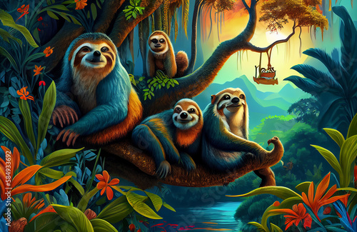 Colorful Jungle with a family of slow loris monkeys, forest natural scenery with trees, monkey and magical landscape of nature