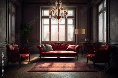 Arkhangelsk Russia 08 27 22 interior with two windows, crimson couch, and antique chandelier. Generative AI © AkuAku