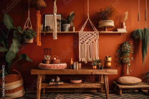 A comfortable space with boho décor on wooden shelves and a color block wall. Ceiling mounted double macrame plant hanger. Bohemian household decorations are presented on natural wood shelf