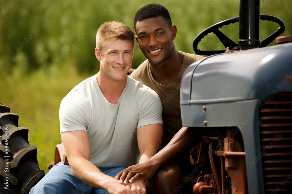 Interracial gay couple sitting on tractor, Generative Ai Interracial gay couple sitting on tractor, Generative Ai