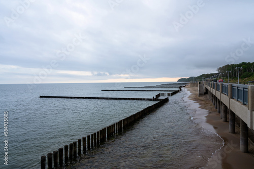 View of the promenade along the Baltic Sea coast and the city beach on a summer day  Svetlogorsk  Kaliningrad region  Russia