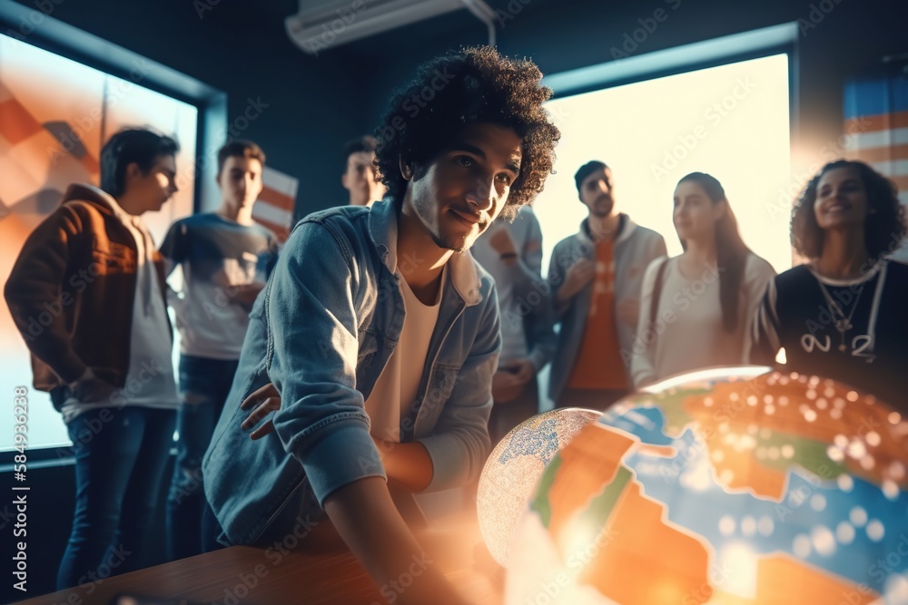 A Group Of People Standing Around A Table With A Globe On It University ...