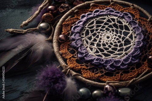 Handcrafted esoteric woven mandala magical dreamcatcher with feathers and amethyst gemstone on grey backdrop  yoga room meditation equipment. Generative AI