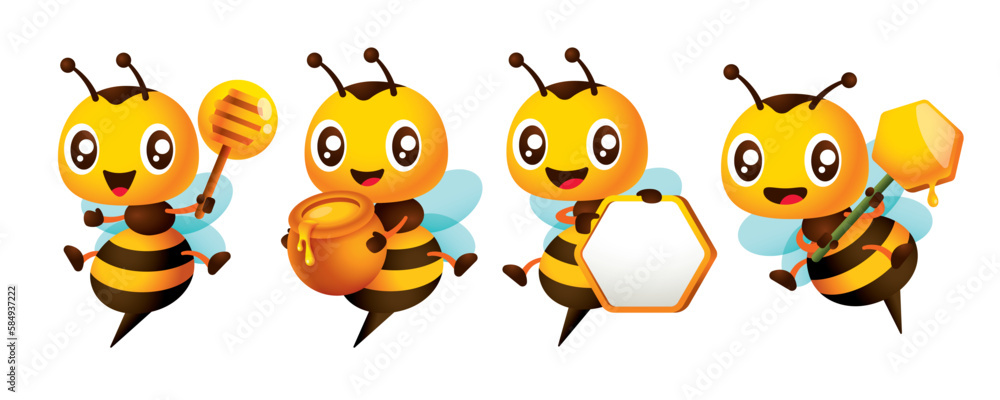 Fototapeta premium Cartoon cute bee character set series with different poses. Cute Bee holding honey dipper, honeycomb signboard and honey pot. Vector mascot set collection