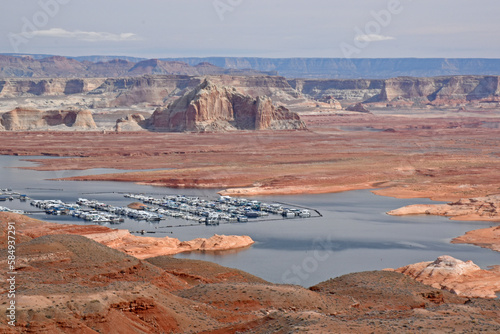 Lake Powell Landscape during a severe drought, beautiful rock formation at in the Glen Canyon National Recreation Area Desert of Arizona and Utah, United States, famous holiday spot