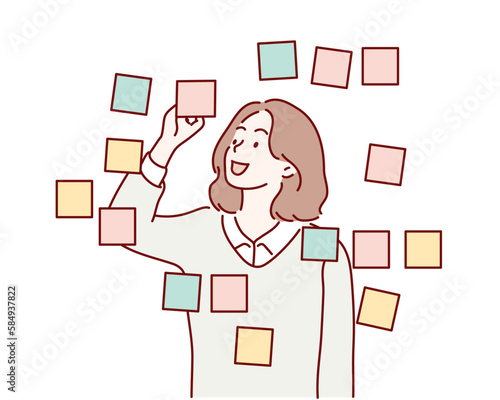 businesswoman write on sticky note develop startup project in office glass board or wall. Hand drawn style vector design illustrations.
