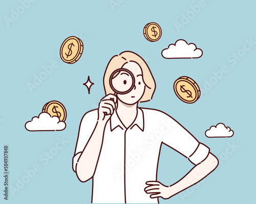 A woman observing a huge coin with a magnifying glass. Financial study, observation concept. Hand drawn style vector design illustrations.