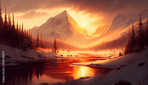Nature beauty Mountain snow  forest sunset  tranquil scene generated by AI