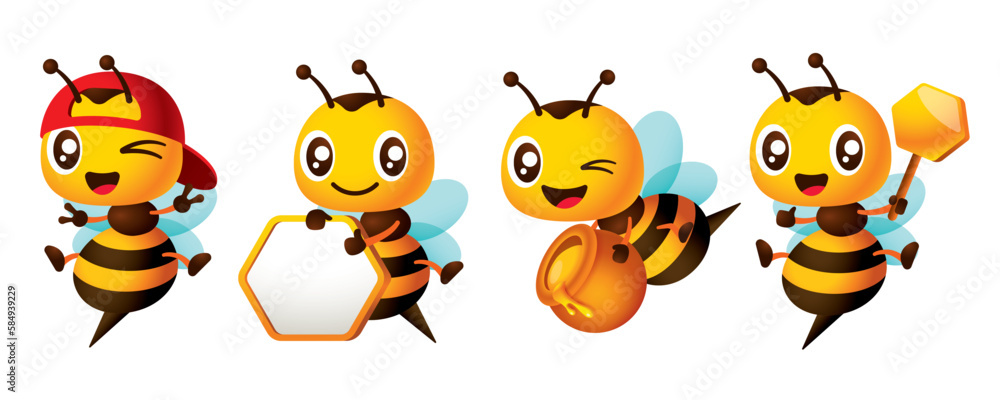 Obraz premium Cartoon cute bee character set series with different poses. Cute Bee holding honey dipper, honeycomb signboard and honey pot, show peace hand sign. Vector mascot set collection