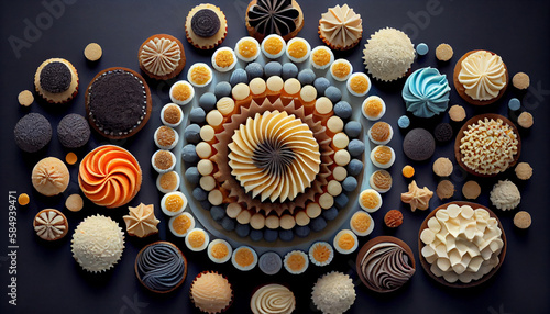 Sweet collection of decorative desserts with chocolate patterns generated by AI
