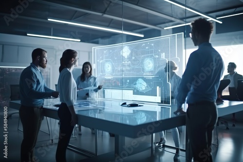 A Group Of People Standing Around A Table In A Room With A Large Screen Conference Room Advertising Photography Medical Devices Generative AI 