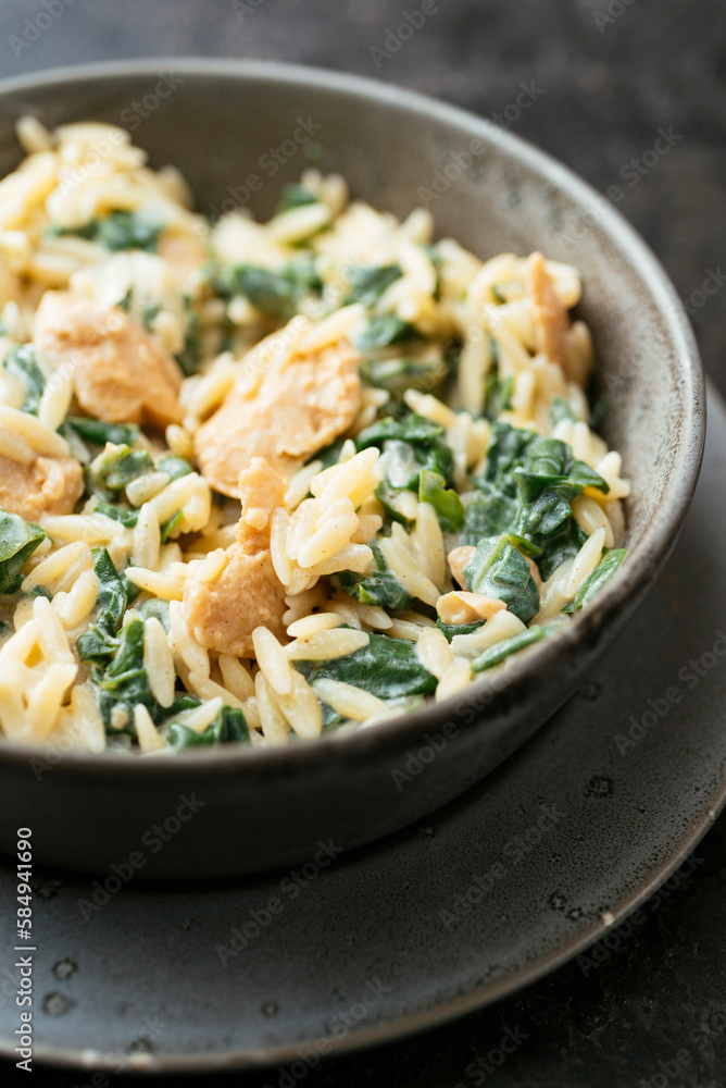 Garlicky Orzo with Vegan Creamed Spinach and Chickun Garlicky Orzo with Vegan Creamed Spinach and Chickun