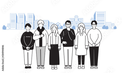 シンプルな街並みと若者のイラスト
