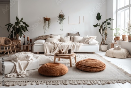Scandinavian hygge living room. White walls, soft couch, cushions. Luxurious bright apartment interior design idea. Generative AI
