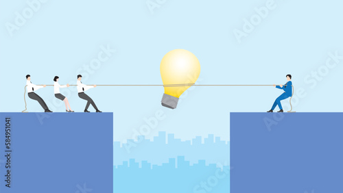 Business idea competition concept. Boss vs employee. Businessmen pull a rope for a big light bulb in a meeting. Conflict, brainstorm, work hard, competing, contest and fight over in office workplace.