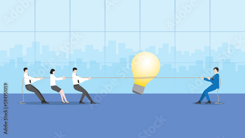 Business idea competition concept. Boss vs employee. Businessmen pull a rope for a big light bulb in a meeting. Conflict, brainstorm, work hard, competing, contest and fight over in office workplace. photo