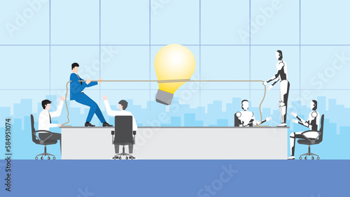 Human vs AI technology concept. People and cyborg pull a rope for a big light bulb in a meeting. Business idea competition, conflict, brainstorm, work hard, contest and fight over in office workplace.