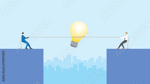 Business idea competition concept. Boss vs employee. Businessmen pull a rope for a big light bulb in a meeting. Conflict, brainstorm, work hard, competing, contest and fight over in office workplace.
