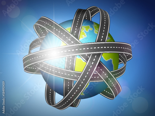 World globe with road tape on sky