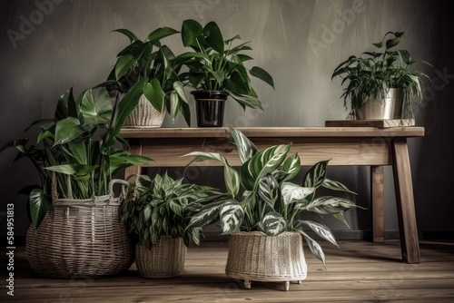 Metropolis. Philodendron and Chinese Evergreen tropical houseplants in basket flower pots on wooden tables. Generative AI