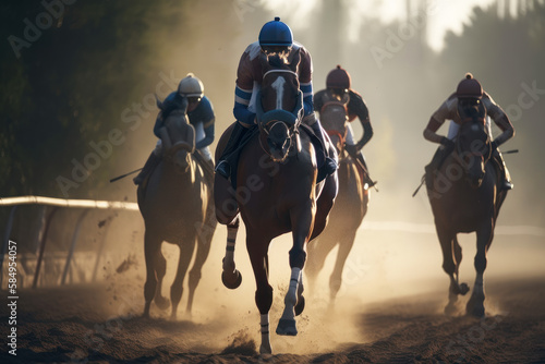 Horse racing at sunset. Silhouette of thoroughbred and jockey. Generative AI. © junghc1