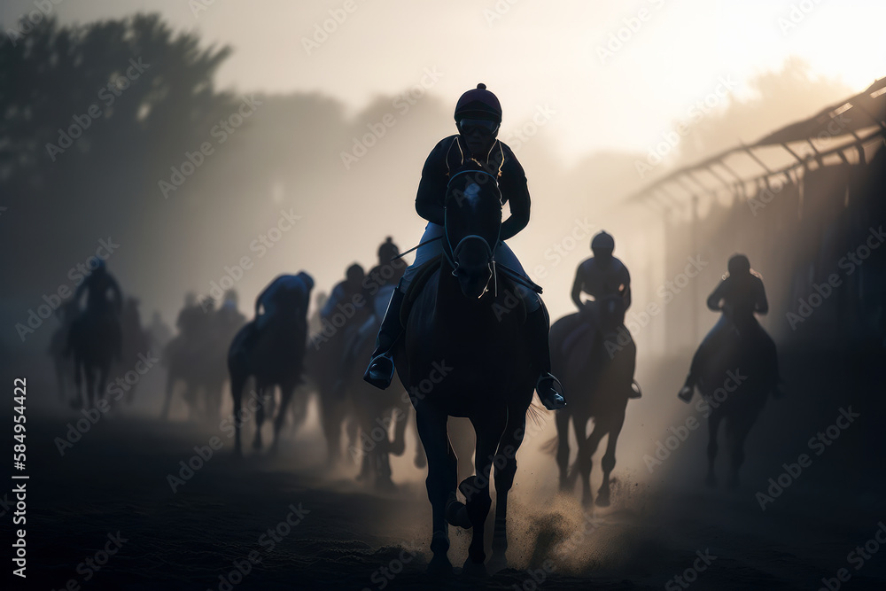 Horse racing at sunset. Silhouette of thoroughbred and jockey. Generative AI.