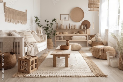 White and bleached wood farmhouse living room with sofa, rattan chest of drawers, jute carpet, and décor. Boho chic interior design, plan, top,. Generative AI