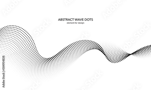 Abstract wave dotted element for design. Stylized line with dot on art background. Waves range with lines dots. Digital frequency track equalizer. Curved smooth wavy string. Vector illustration.