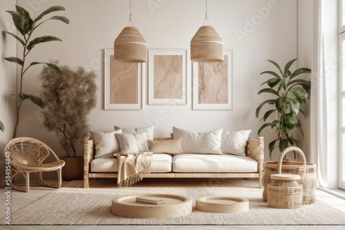 White and beige boho home with wall décor, plant, and beige couch. Generative AI