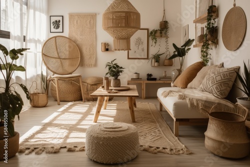 Beautiful zen living room with jute decorations, tripod floor lamp, and beige macrame on white wall. Generative AI