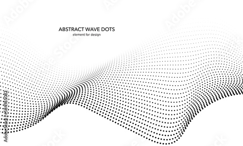 Abstract wave dotted element for design. Stylized line with dot on art background. Waves range with lines dots. Digital frequency track equalizer. Curved smooth wavy string. Vector illustration.