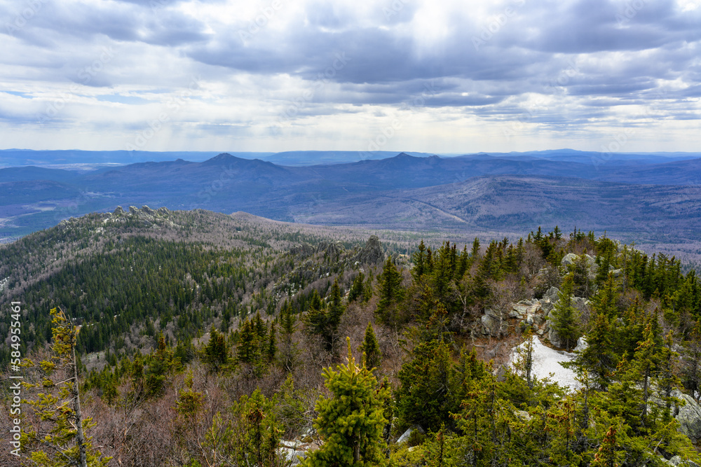 South Ural Mountains with a unique landscape, vegetation and diversity of nature in spring.