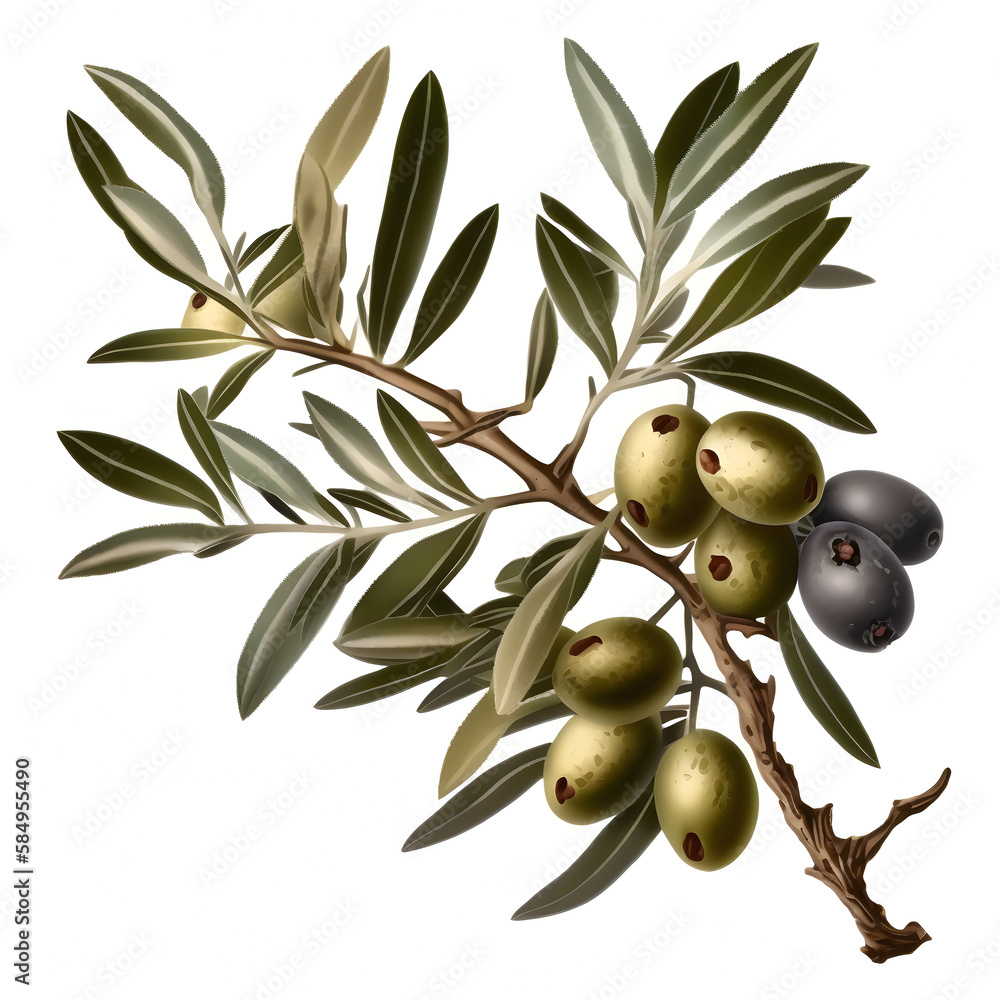 Olive branch with green and black olives on a white background. Generative AI Olive branch with green and black olives on a white background. Generative AI