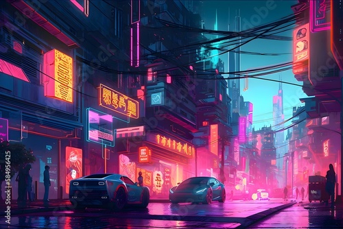 Beautiful Cyberpunk Street Cityscape, Glitchy Animation  style | Cyberpunk Wallpaper/Background |